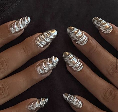 Silver Chrome Nail Ideas, Myprettyset Nails, Mixed Metal Nails, Clubbing Nails, 3d Chrome Nails, Nessa Nails, Coachella Nails, Nail Chrome, Ny Nails