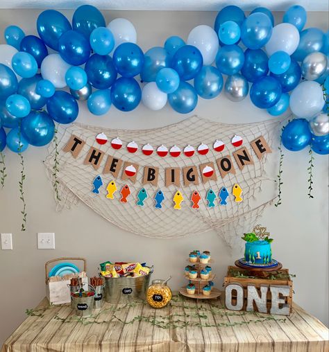 Fisherman First Birthday, Baby Boy Fishing First Birthday, One Year Fishing Birthday Party, Ofishally One Birthday Banner, Fishing Birthday Party One Year Old, The Big One Smash Cake Boy, The Big One Birthday Party Decorations, The Big One Fishing Birthday Decorations, Turning One Birthday Boy Themes