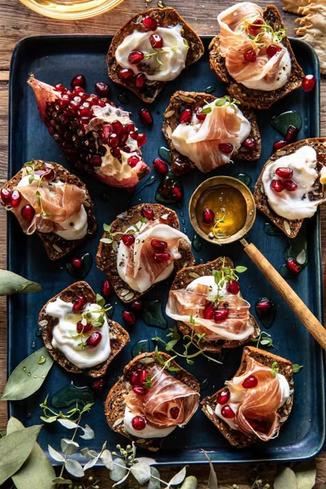 Honey Whipped Ricotta and Prosciutto Crackers. Perfect for holiday nights at home with family and friends...everyone's favorite party bites! Honey Whipped Ricotta And Prosciutto, Half Baked Harvest Appetizers, Harvest Appetizers, Prosciutto Appetizer, Puff Pastry Twists, Holiday Cheese Boards, Salad Appetizer Cups, Half Baked Harvest Recipes, Whipped Ricotta