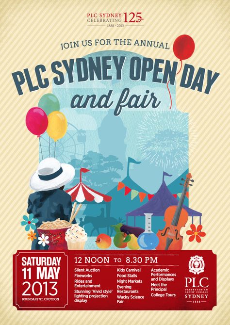 PLC Sydney Open Day and Fair poster Fair Poster Ideas, Poster Ideas For School, Culture Fair, Fair Poster, School Fair, Advertising Graphics, Summer Fest, Kids Carnival, Family Festival