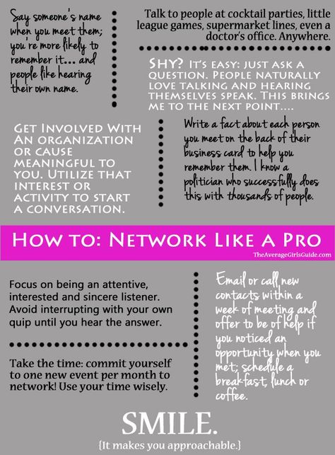 Polished Professionalism -- How to Network Like a Pro, tips from The Average Girl's Guide #infographic Average Girl, Network Marketing Tips, Interview Tips, Business Networking, Networking Event, Girl Guides, It Network, Beauty Business, College Life