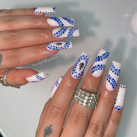 Set is inspired by the Clase Azul tequila. Blue and white nails. Clase Azul Inspired Nails, Clase Azul Nails French, Tequila Nails, Azul Nails, Azul Tequila, Blue And White Nails, Color Design Inspiration, Long Acrylic, Cute Nail Designs