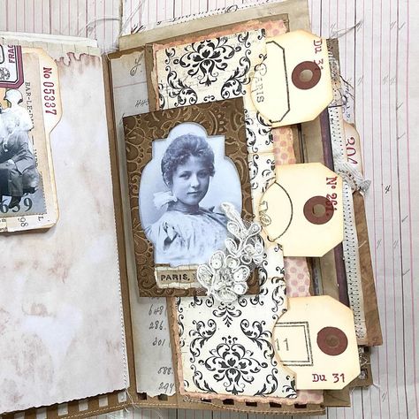 Amanda Charlesworth - Scrimpingmommy on Instagram: Triple tag pocket flip page in my nearly complete journal #scrimpingmommy #youtuber #journalmaker #journalpage #journallayout #handmadejournals #junkjournal #journals #papercraft #yorkshirelass Diy Journals, Vintage Ideas, Handmade Collage, Glue Book, Mixed Media Journal, Album Scrapbooking, Journal Layout, Diy Journal, Handmade Journals