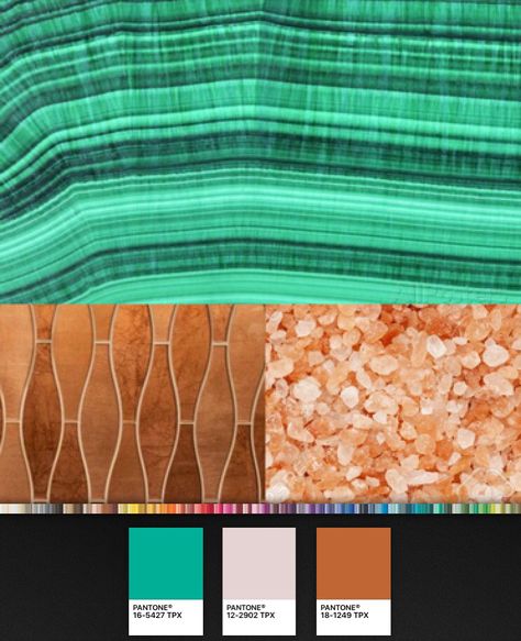 Malachite, copper, and Himalayan salt color palette Brick Colors, Color Me, Color Palette, Green, Color, Home Decor