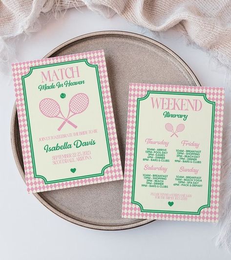 a match made in heaven themed bachelorette invitation and itinerary cards from etsy. tennis bachelorette. pink and green bachelorette. Tennis Bachelorette Theme, Bridesmaids Breakfast, Tennis Bachelorette Party, Bachelorette Tennis, Match Made In Heaven Bachelorette, Tennis Invitation, Bachelorette Printables, Perfect Match Bachelorette, Tennis Bachelorette