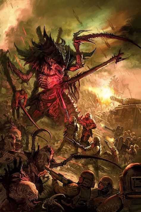 Tyranids Vs Astra Militarum by Thomas Elliott Nurgle 40k, Tyranid Warrior, Hive Tyrant, Warhammer 40k Tyranids, Chaos Daemons, 40k Imperial Guard, Astra Militarum, Warhammer 40k Art, Far Future