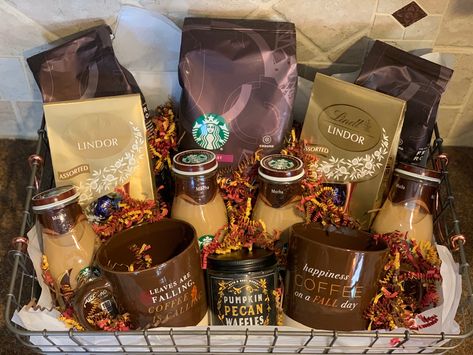 Cute Coffee Basket Ideas, Brown Party Basket Ideas, Color Themed Gift Baskets Brown, Fall Festival Raffle Basket Ideas, Gift Basket For Office Staff, Brown Color Party Basket Ideas, Candle Raffle Basket Ideas, Brown Color Party Basket, Brown Color Theme Party Basket