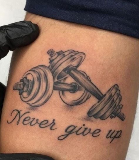 Body Builder Tattoo, Dumbbell Tattoo Design, Gym Tattoo Design, Workout Tattoos For Women, Barbell Tattoo Ideas For Women, Barbell Tattoos, Dumbell Tattoo, Tiger Claw Tattoo, Buddah Sleeve Tattoo