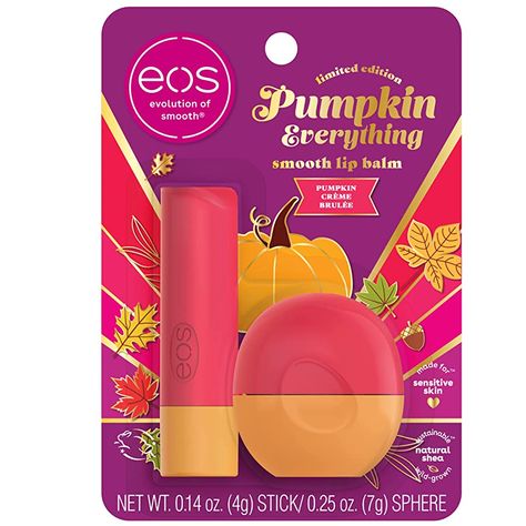 Our Limited Edition Collection of lip balms mixes your favorite fall flavors with long-lasting hydration -- perfect for sweater weather. This 2-pack of lip balm sticks contains the most perfect fall flavor, Pumpkin Crème Brulée! eos lip balms have blended flavors that are almost good enough to eat (keyword: almost) with super-moisturizing ingredients for delicious, hydrating lip care products that you’ll want to swipe on again and again (and again). Plus, our lip moisturizers are crafted with su Pumpkin Lip Balm, Eos Lotion, Pumpkin Creme Brulee, Holiday Skincare, Holiday Skin, Lip Care Products, Pumpkin Oil, Pumpkin Everything, Holiday Lip