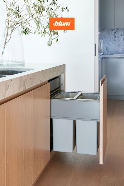 Enjoy the convenience of a handle-less pull-out design in your kitchen. 

Using Blum's SERVO-DRIVE uno electrical opening system, waste bin drawers can be opened with a single touch or nudge. Fronts stay clean, and your waste goes in the bin. Kitchen Bins, Savings Ideas, Waste Bin, Trash Bin, Kitchen Bin, Trash Bins, A Plus, Easy Access, Space Saving