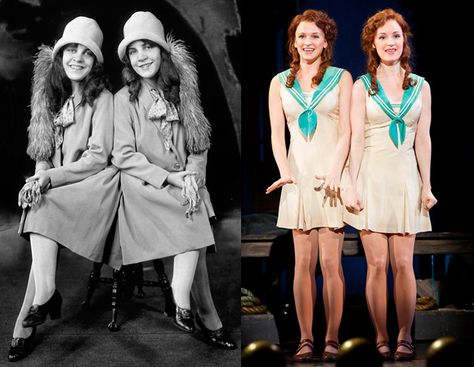 The real-life Daisy and Violet Hilton, circa 1927 (left); Emily Padgett as Daisy and Erin Davie as Violet in Side Show (right). Daisy And Violet Hilton, Emily Skinner, Side Show, Conjoined Twins, Bill Russell, The Sisterhood, Broadway Musicals, Musical Theatre, Circus