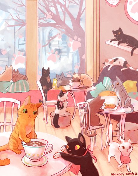 Cat Cafe Design Coffee Shop, Cat Cafe Wallpaper, Cafe Background Drawing, Cute Cafe Background, Cat Cafe Illustration, Cat Cafe Drawing, Cafe Art Illustration, Cat Cafe Ideas, Cat Cafe Aesthetic