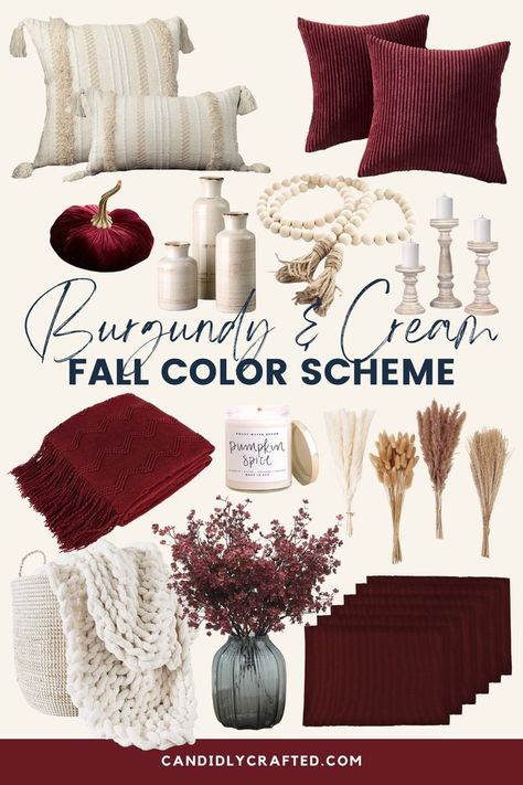 Mood board showing fall home decor in a burgundy and cream fall color scheme. Items include pillow covers in cream and burgundy, burgundy felt pumpkin, cream vases, cream wood beads, cream candle holders, burgundy and cream blankets, pumpkin spice candle, dried pampas, burgundy baby's breath flowers and burgundy placemats. Cream Fall Decor, Modern Patio Decor, Fall Living Room Ideas, Burgundy Decor, Cozy Fall Aesthetic, Burgundy Living Room, Burgundy Pillows, Fall Color Schemes, Patio Decor Ideas