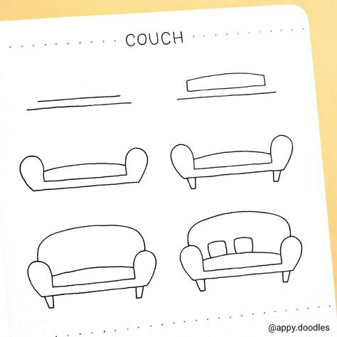 Appy Doodles on Instagram: “How do you say "couch" in your language? Comment below! 😊💛💬 ⠀⠀⠀⠀⠀⠀⠀⠀⠀ ⠀⠀⠀⠀⠀⠀⠀⠀⠀ Using Softcover Tsuki Journal from @notebook_therapy ⭐…” Couch Doodle, Little Drawings Doodles, Pillow Doodle, Fitness Drawing, Doodle Tutorial, Doodles Simple, Notebook Therapy, Little Drawings, Doodle Art For Beginners