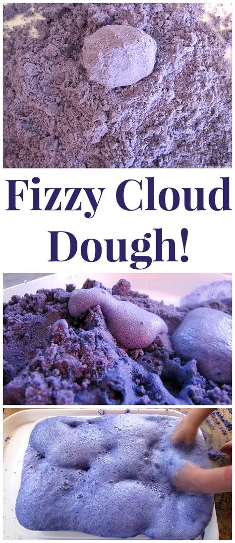 Make Fizzy Cloud Dough! Once the kids are done with the sensory aspect move on to the science of fizziness! from PowerfulMothering.com Fizzy Cloud Dough, Playful Learning, Cloud Dough, Kid Experiments, Toddler Snacks, Preschool Science, E Mc2, Science Experiment, Toddler Fun