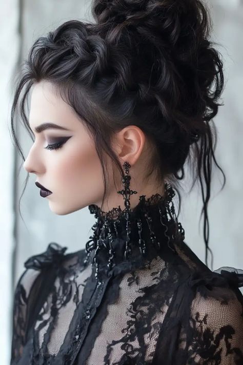 Woman with elaborate gothic makeup and hairstyle in black lace outfit. Victorian Hair Updo, Witches Hairstyles Halloween, Vampire Girl Hairstyles, Witch Updo Hairstyle, Gothic Vampire Hairstyles, Vampire Hair Updo, Vampiric Hairstyles, Masquerade Mask Hairstyles, Victorian Goth Hair