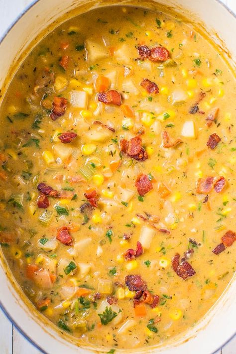 Cheesy Bacon Potato Corn Chowder - Averie Cooks Bacon Potato Corn Chowder, Corn And Potato Chowder, Bacon Corn, Potato Corn Chowder, Potato Chowder, Averie Cooks, Loaded Potato Soup, Bacon Potato, Loaded Baked Potato Soup