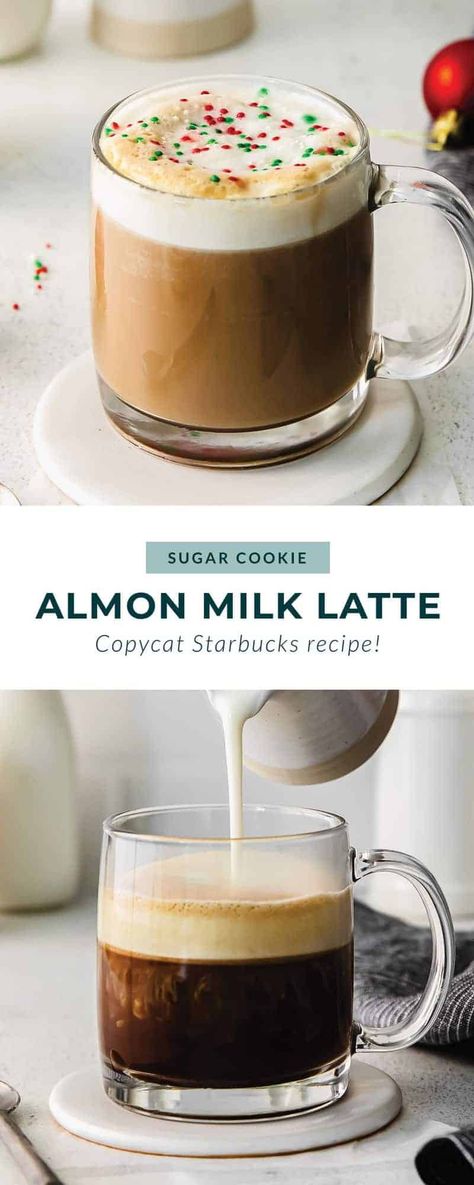 This Copycat Starbucks Sugar Cookie Almond Milk Latte can be made in your own kitchen with just a few ingredients. It tastes exactly like the one you get at Starbucks! Sugar Cookie Almond Milk Latte, Almond Milk Coffee Recipes, Starbucks Sugar Cookie, Sugar Cookie Latte, Boat Drinks, Almond Milk Latte, Coffee Syrups, Starbucks Latte, Almond Milk Coffee