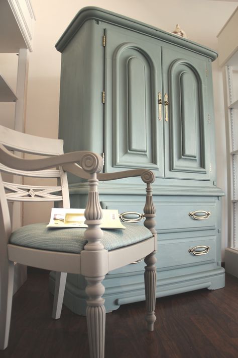 UPCYCLED CABINET WITH ANNIE SLOAN CHALK PAINT DUCK EGG BLUE - BAHRAIN Duck Egg Blue Kitchen Cabinets, Duck Egg Blue Kitchen, Annie Sloan Duck Egg Blue, Upcycled Cabinet, Annie Sloan Chalk Paint Colors, Annie Sloan Painted Furniture, Blue Painted Furniture, Painted Armoire, Painting Countertops