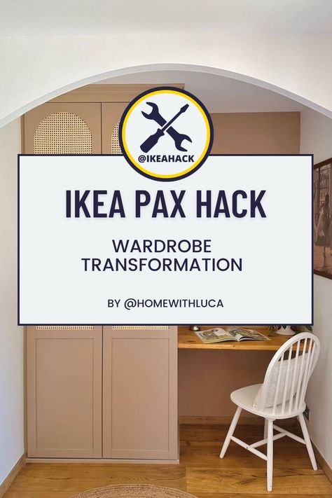 Ikea Pax And Desk, Pax With Desk, Visthus Ikea Hack, Pax Office, Wardrobe Transformation, Office Hacks, Desk Hacks, Ikea Pax Wardrobe, Pax Wardrobe