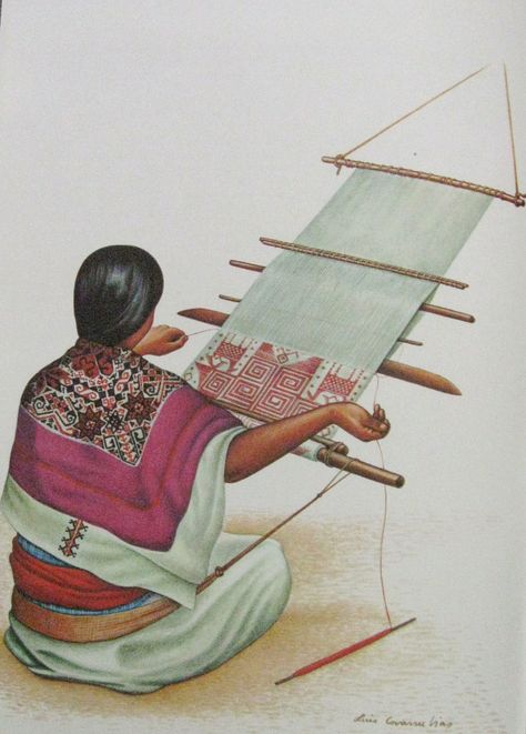 This painting by Mexican artist Luis Covarrubias depicts an Otomi woman from San Pablito Puebla weaving cloth in her backstrap loom Mexican Arts And Crafts, Indian Illustration, Backstrap Loom, Mexican Artists, Popular Art, Indian Art Paintings, Arte Popular, Art Drawings For Kids, Mexican Art