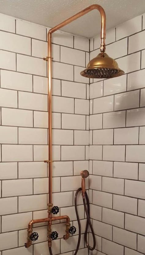 Industrial Plumbing Design, Creative Shower Door Ideas, Exposed Copper Plumbing Bathroom, Exposed Shower Plumbing, Outside Shower Ideas, Exposed Plumbing, Rustic Bathroom Shower, Barn Bathroom, Bathroom Construction