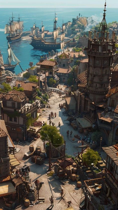 Medieval City Concept Art, Pirate Concept Art, Pirate Village, Pirate City, Pirate Town, Dnd Concept, Medieval Cities, Medieval Towns, Fantasy Locations