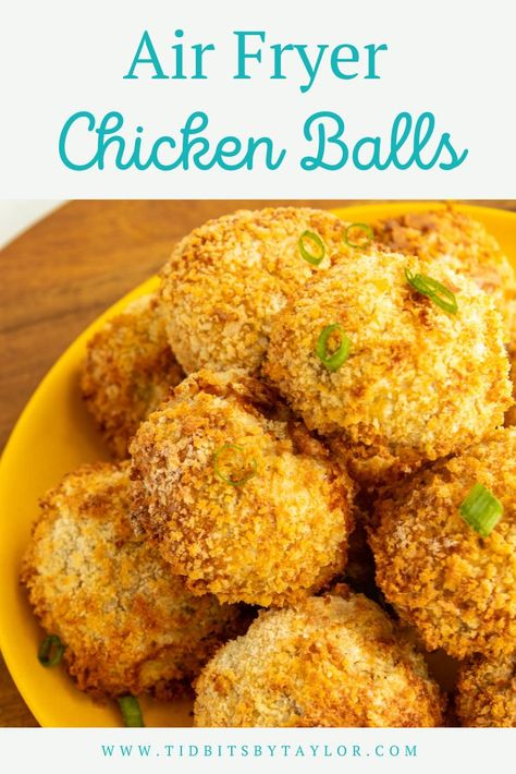 Air fryer chicken balls stacked on yellow plate angled shot. Air Fryer Chicken Balls, Chicken Balls Recipe, Chicken Balls, Cooked Chicken Recipes, Ground Chicken Recipes, Ground Beef Dishes, Air Fried Chicken, Sweet And Sour Sauce, Air Fryer Recipes Easy