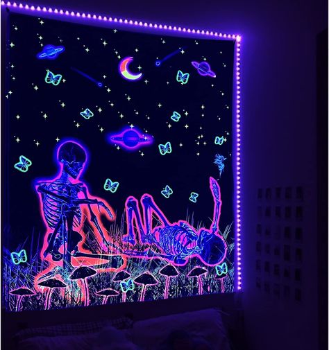 PRICES MAY VARY. 100% Lightweight Polyester 💀Amazing Design: UV / Black light reactive, designed with vivid and vibrant colors, this trippy skull tapestry is amazing and looks even more trippy with blacklights. With special ink and advanced print tech, we proudly make this UV / black light reactive tapestry. When the night come, just turn on your UV / black light and it will glow go. 💀Premium Quality: 100% lightweight polyester with hand-sewn finishes which is soft, durable, skin-friendly, lig Black Light Aesthetic, Blacklight Room, Black Light Room, Chill Room Ideas, Trippy Skull, Skull Tapestry, Mushroom Moon, Blacklight Tapestry, Bedroom Stuff