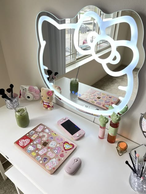 Cute Vanity Mirror, Boujee Bedroom Ideas, Hello Kitty Vanity, Vanity Hello Kitty, Vanity Mirror With Led Lights, Bedroom Led Lights, Neon Mirror, Cute Vanity, Bio Aesthetic