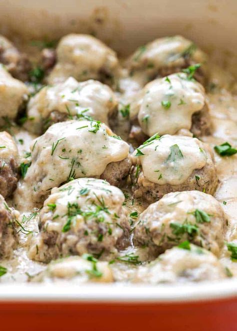 These tender Baked Swedish Meatballs are made with ground beef or lamb, seasoned with fresh dill and parsley and covered in a delicious sherry cream sauce. Dill Meatballs, Baked Swedish Meatballs, Sherry Cream Sauce, Taco Meatloaf, Party Meatballs, Mushroom Meatballs, Meatloaf Recipes Pioneer Woman, How To Cook Meatballs, Lamb Meatballs