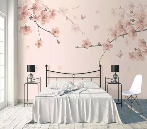 Floral Wallpaper Sakura Flower Wall Mural Cherry Blossom Wall | Etsy Cherry Blossom Wall Art, Adhesive Wall Art, Nursery Wallpaper, Wallpaper Mural, Textured Wallpaper, Bed Room, Self Adhesive Wallpaper, Pink Wallpaper