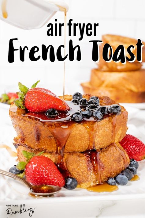 Make breakfast in an air fryer with this recipe for air fryer French toast. Thick slices of bread are coated in eggs and milk and perfectly fried for a traditional breakfast favorite that is crispy on the outside and soft and fluffy inside. Make an easy breakfast or serve breakfast for dinner! Camp Stew, Air Fryer French Toast, Upstate Ramblings, Air Fryer Recipes Breakfast, French Toast Ingredients, Baked Sweets, French Toast Casserole Recipes, Breakfast Board, French Toast Breakfast