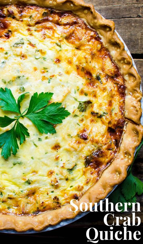 a crab quiche on a board. Seafood Dishes For Easter, Crab And Shrimp Quiche Recipes, Quiche Recipes Crab, Crab And Spinach Quiche, Crab Main Dish Recipes, Seafood Quiche Recipes Crab Meat, Southern Crab Pie, Crab Meat Quiche, Crab And Shrimp Quiche