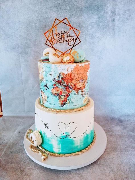 Travel cake for Men ať 50. #printonfondantsheet #swissmeringuecream #macaron #travelcake ##mencakes #worldmapcake #gold #cake #cakedecorating #cakeart #cakedecor #cakesdecor Travel Cake Ideas, Map Cake, Explorer Party, Cake For Men, Neon Cakes, Travel Cake, Sweet Tables, Elegant Birthday Cakes, Cake Inspo