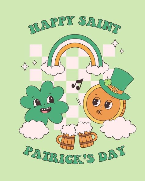 Trendy retro cartoon characters Clover with four leaf and Gold Coin. Happy Saint Patricks Day greeting card. Groovy style, vintage, 70s 60s aesthetics St Patricks Day Illustrations, Saint Patrick's Day, San Patrick, Cartoon Posters, Spring Wallpaper, St Patrick's Day Crafts, Retro Cartoons, Happy St Patricks Day, Saint Patrick