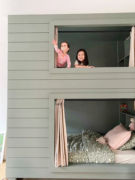 How a House-Like Bunk Bed Enticed This 6-Year-Old to Sleep in Her Own Room | domino Bunk Room Ideas, Bed Nook, Installing Shiplap, Bunk Beds Built In, Montessori Bed, Bear Cabin, Big Kid Bed, Built In Bunks, Bunk Rooms