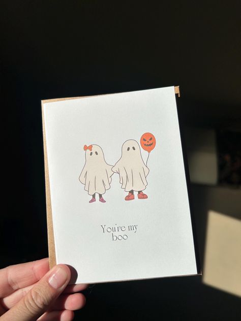 You're My Boo Halloween Themed Love Card-Perfect For girlfriend, For boyfriend, For partner -Handmade -Comes With Envelope -Made in the U.S. PRODUCT INFO -Inside: Blank -Material: Certified card stock, white, high quality -Card size: (4in. x 5.30in.) -Envelope: (4.75in. x 6.45in.) Recycled brown kraft -Cards/Envelopes enclosed inside a plastic self sealed sleeve in case of spillage during travels -Shipped in a (9.5in. x 11in) black self sealed envelope -Processing time: 1-2 days -Cards are printed on a half sheet of letter paper so no trimming or waste -Handmade and home printed to reduce that carbon footprint -Sold and shipped by Etsy Halloween Cards Boyfriend, Boo Basket Card Ideas For Boyfriend, Halloween Card Boyfriend, Diy I Miss You Cards, Halloween Crafts For Bf, Diy Halloween Cards For Boyfriend, Love Card For Boyfriend, Spooky Cards For Boyfriend, Halloween Cards Handmade For Boyfriend