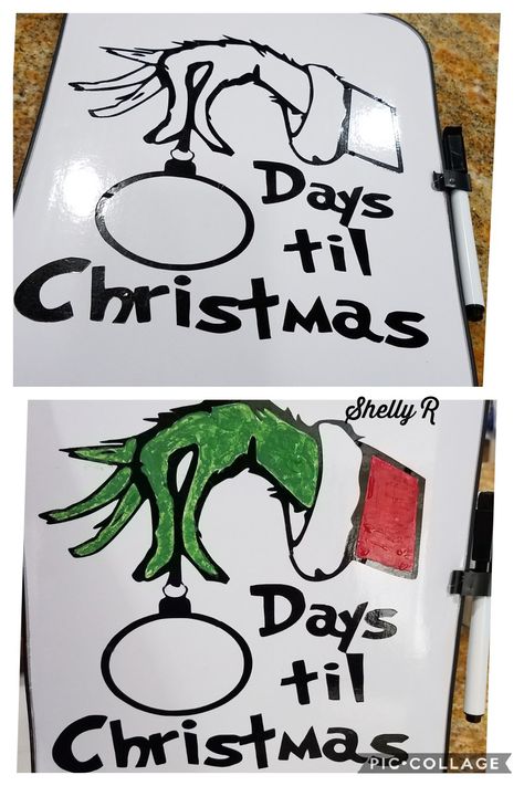 countdown until Christmas.   dry erase board bought at dollar tree. used the cricut to cut the design.  painted with acrylic paint. Xmas White Board Ideas, Christmas Drawing On Whiteboard, Christmas Marker Board Ideas, Christmas White Board Calendar, Christmas Board Ideas For Work, Whiteboard Christmas Countdown, Drawing Ideas On White Board, Christmas Dry Erase Board Drawings, December White Board Art