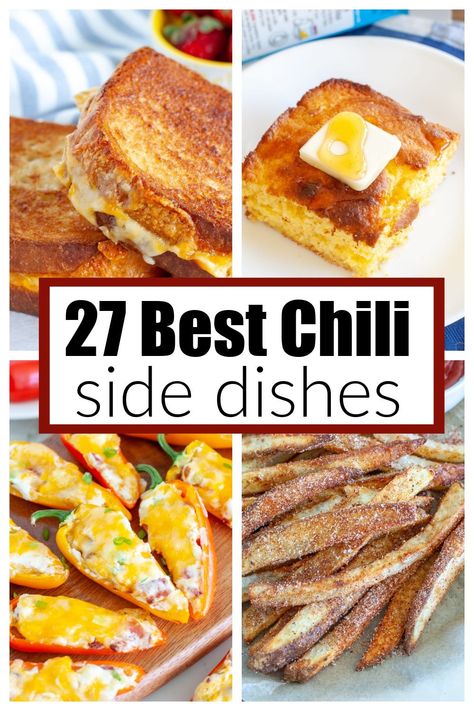 Want to know what side dish to serve with your big bowl of chili? Try one of these delicious 27 chili side dishes to round out your chili dinner. From classics like cornbread to others like cheesy roll-ups or quesadillas. Side Dishes With Chili Dinners, Chili Potluck Side Dishes, Side Dishes For Chili Dinners, Side Dishes That Go With Chili, Chili Cook Off Party Ideas, Side Dish For Chili Party, Sides With Chili Dinners, What To Serve With Chili Meals, Things To Serve With Chili