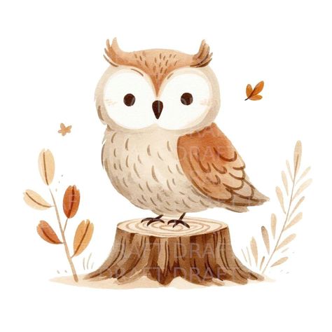 Cute Owl Illustration, Printables Scrapbook, Autumn Owl, Watercolour Clipart, Whimsical Autumn, Owl Clipart, Abc Cards, Owl Watercolor, Chalk Bag