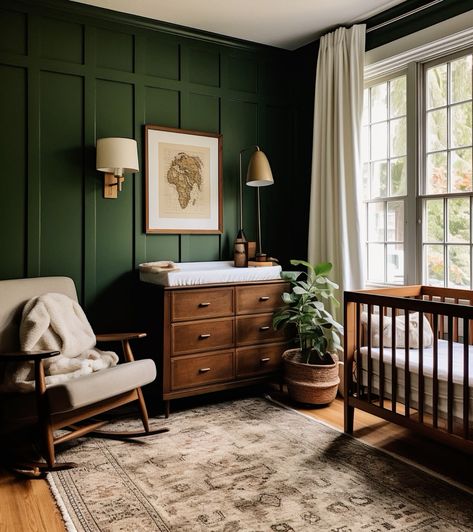 Dark Sage Green Nursery, Dark And Moody Nursery Ideas, Nursery Dark Green Accent Wall, Nursery With Dark Wood Floors, Dark Neutral Nursery, Nursery Ideas Green Walls, Gold And Green Nursery, Moody Neutral Nursery, Green Walls Nursery