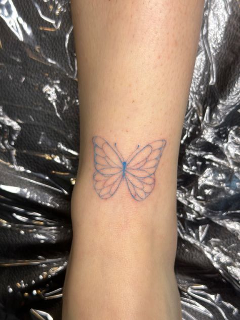 Minimal blue butterfly tattoo feminine fainty pretty fine line Blue Butterfly Tattoo, Butterfly Tattoo, Blue Butterfly, I Tattoo, Tattoos