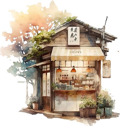 Anime Environment, Paints And Brushes, Tea Restaurant, Asian Tea, Street Coffee, Journaling Kit, House Clipart, Urban Sketch, Building Illustration