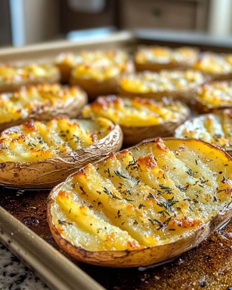 Elevated Baked Potato, Upside Down Baked Potatoes, Baked Half Potatoes In The Oven, Upside Down Potatoes, Potato Veggie Recipes, Half Potatoes In Oven, Criss Cross Potatoes, Baked Potato Sides, Baking Potato Recipes