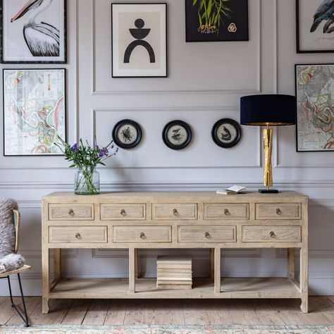 An elegant yet sturdy sideboard made from solid pine with a distressed finish that celebrates the beauty of natural timber. Chinese Apothecary, Marble Top Kitchen Island, Elm Furniture, Cotswold Cottage, Rustic Sideboard, Italy House, Antique Sideboard, Rustic Farmhouse Kitchen, Reclaimed Wood Furniture