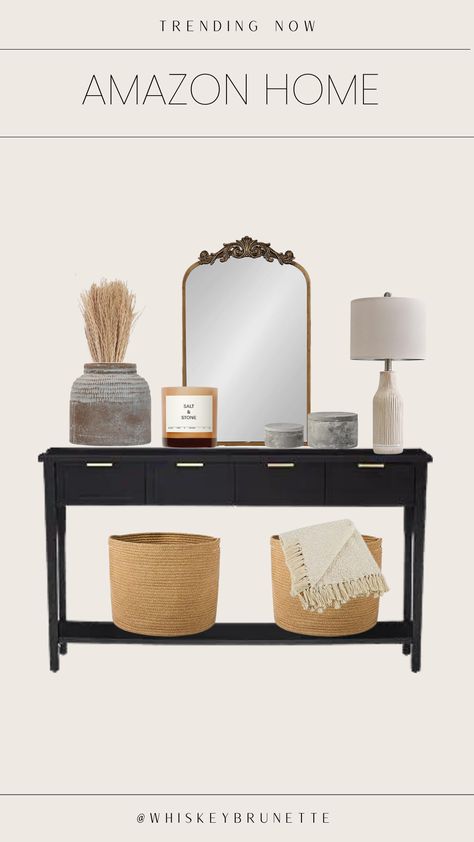 Entryway home decor finds from Amazon! Love the simple style for fall! Amazon finds, Amazon home, home decor, entryway decor, fall home decor, neutral home decor, gold mirror, table lamp, woven basket, entryway table, fall candl Boho Chic Entryway, Fall Console Table Decor, Foyer Ideas Entryway, Long Sofa Table, Entryway Table Decor, Long Sofa, Console Table Decorating, Amazon Home Decor, Amazon Home