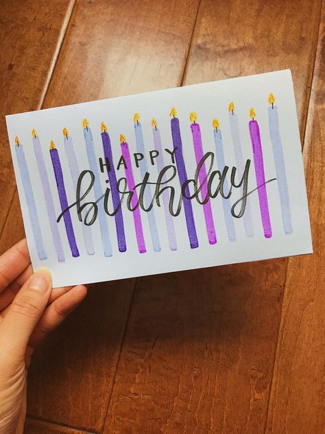 Brush Lettering Birthday Card, Lavender Birthday Card Ideas, Super Easy Birthday Cards, Diy Watercolor Birthday Cards Simple, Happy Birthday Hand Lettering Card, Birthday Card Ideas For Friends Handmade Easy, Brush Pen Birthday Card, Candle Birthday Card, Hand Lettering Birthday Card