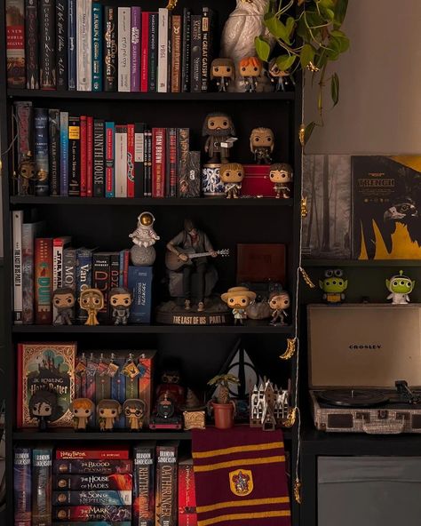 Harry Potter Book Shelf Ideas, Harry Potter Dorm Room Ideas, Room Ideas Shifting, Room Ideas Harry Potter, Slytherin Dorm Room, Harry Potter Dorm Room, Harry Potter Dorm, Harry Potter Bookshelf, Harry Potter Shelf