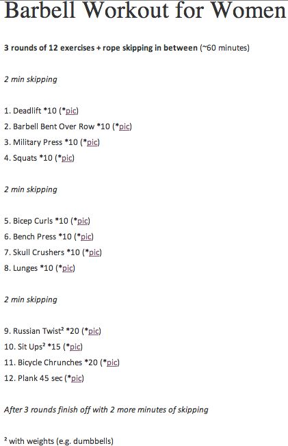 Barbell Workout for Women from http://www.with-an-open-mind.com/2013/01/13/barbell-workout-for-women-grab-the-weights-girls/ Barbell Complex Workouts, Barbell Workout For Women, Barbell Complex, Barbell Workouts, Weight Workouts, Barbell Workout, Lifting Workouts, Kettlebell Training, Bar Workout